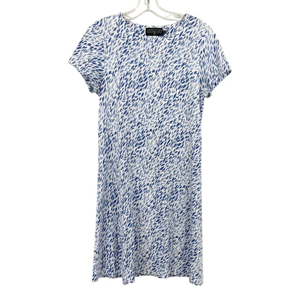 Duffield Lane Blue & White Leaf Print Short Sleeve T-Shirt Dress - Size Small
